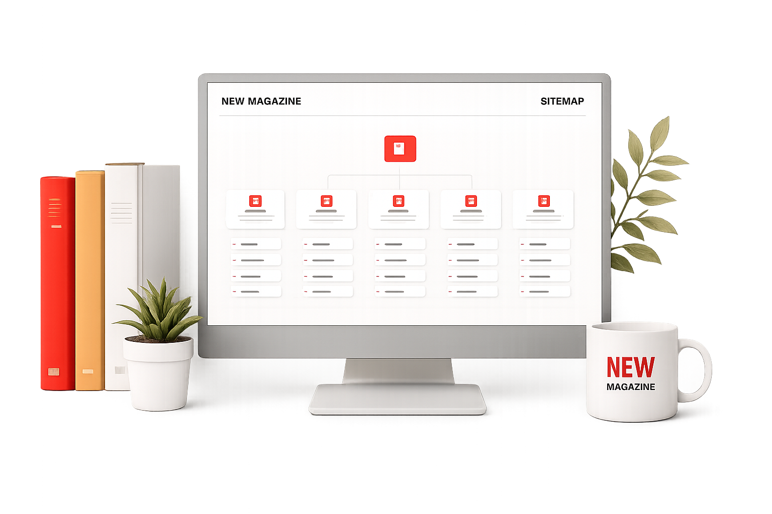 Desktop monitor displaying New Era Magazine sitemap