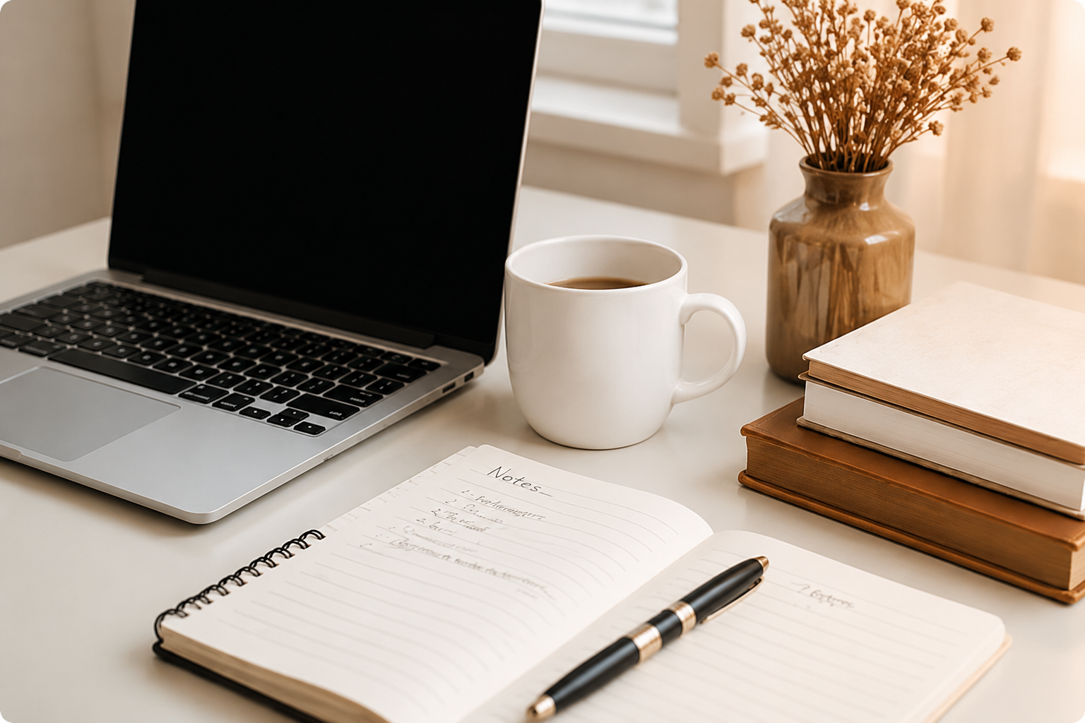 Laptop, notebook, pen and coffee cup on a writing desk