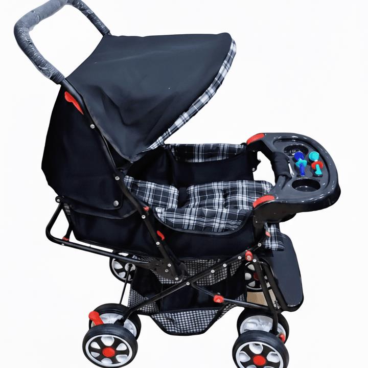 Premium Foldable Baby Stroller with Adjustable Canopy, Front Tray, Cushioned Seat, Red Wheels & Large Storage Basket – Easy to Use Pram for Travel